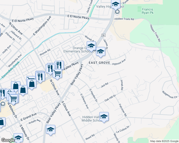 map of restaurants, bars, coffee shops, grocery stores, and more near 157 Belfast Glen in Escondido