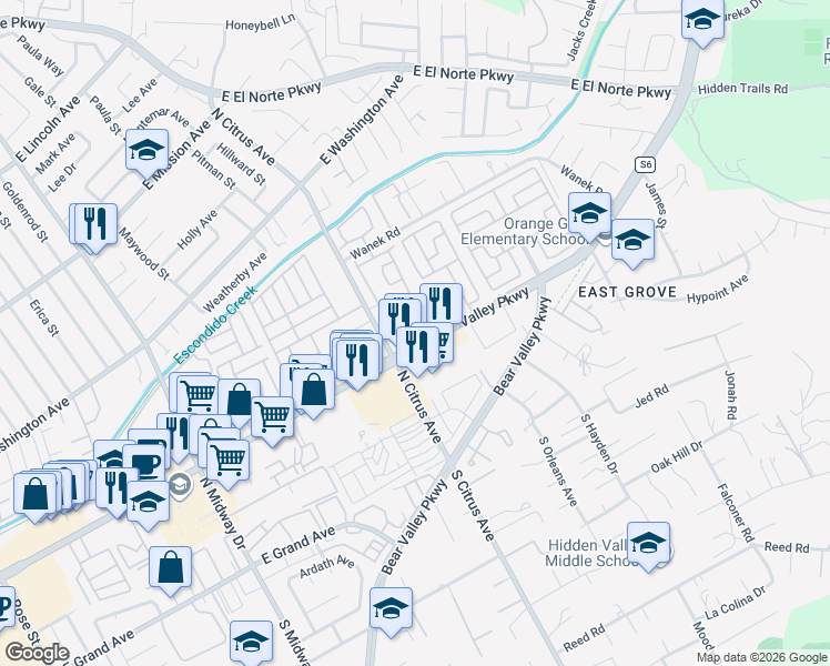 map of restaurants, bars, coffee shops, grocery stores, and more near 2421 Hawthorn Glen in Escondido