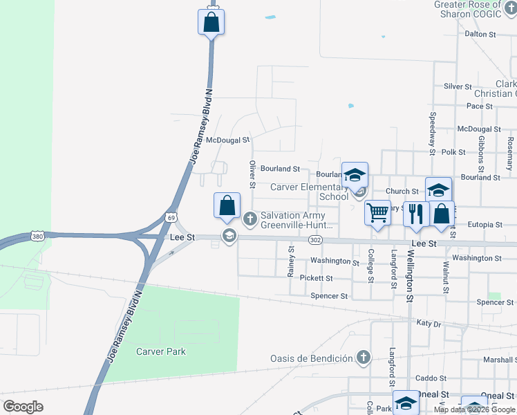 map of restaurants, bars, coffee shops, grocery stores, and more near 4908 Jefferson Street in Greenville