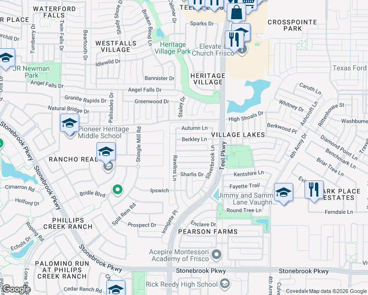 map of restaurants, bars, coffee shops, grocery stores, and more near 2520 Berkley Lane in Frisco