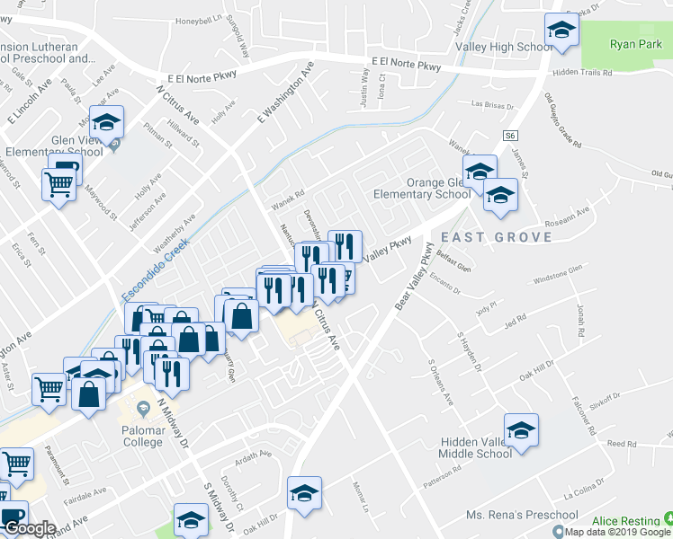 map of restaurants, bars, coffee shops, grocery stores, and more near 420 Hanford Glen in Escondido