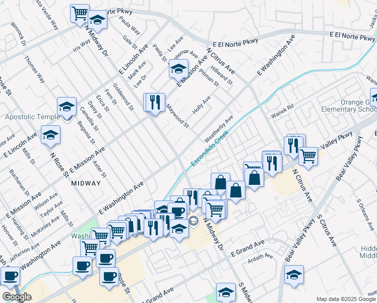 map of restaurants, bars, coffee shops, grocery stores, and more near 2049 East Washington Avenue in Escondido