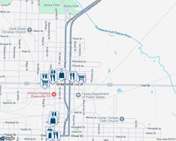map of restaurants, bars, coffee shops, grocery stores, and more near 2109 Church Street in Greenville