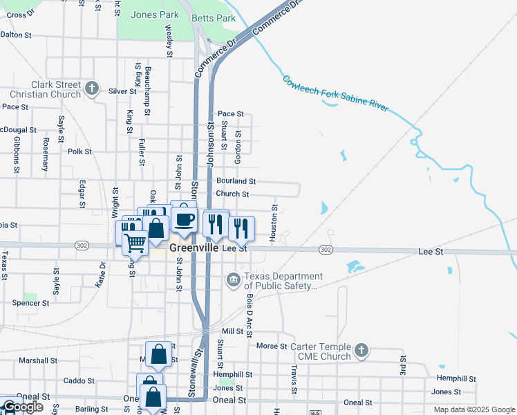 map of restaurants, bars, coffee shops, grocery stores, and more near 2109 Church Street in Greenville