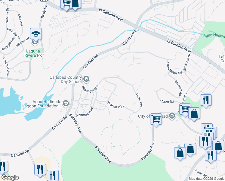map of restaurants, bars, coffee shops, grocery stores, and more near 5158 Steinbeck Court in Carlsbad