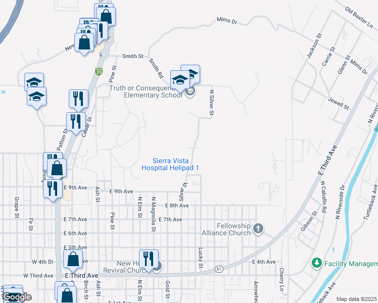 map of restaurants, bars, coffee shops, grocery stores, and more near Marie Street in Truth or Consequences