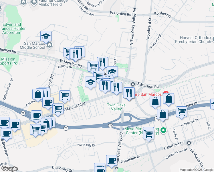 map of restaurants, bars, coffee shops, grocery stores, and more near 225 Autumn Drive in San Marcos