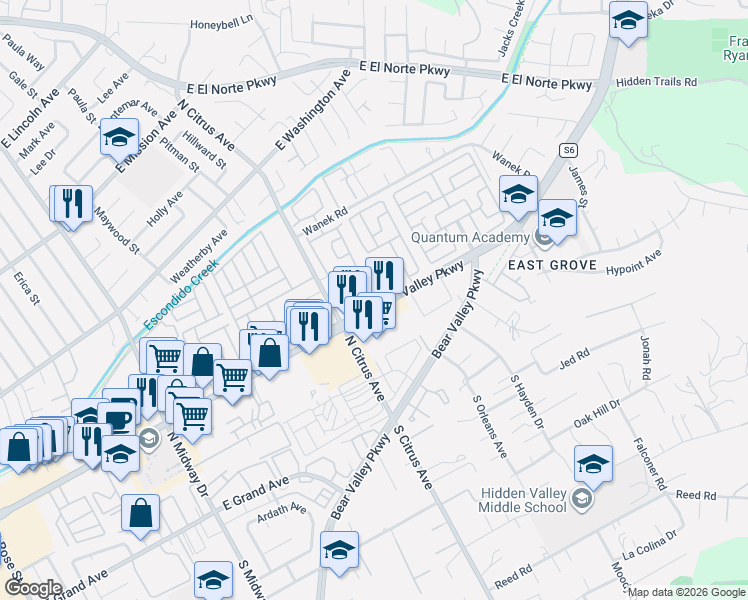 map of restaurants, bars, coffee shops, grocery stores, and more near 420 Hanford Glen in Escondido