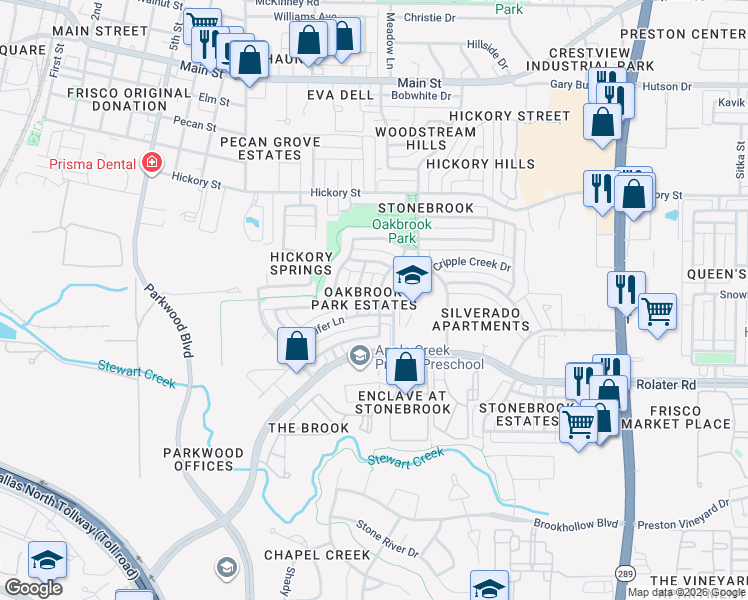 map of restaurants, bars, coffee shops, grocery stores, and more near 7702 Belcrest Drive in Frisco
