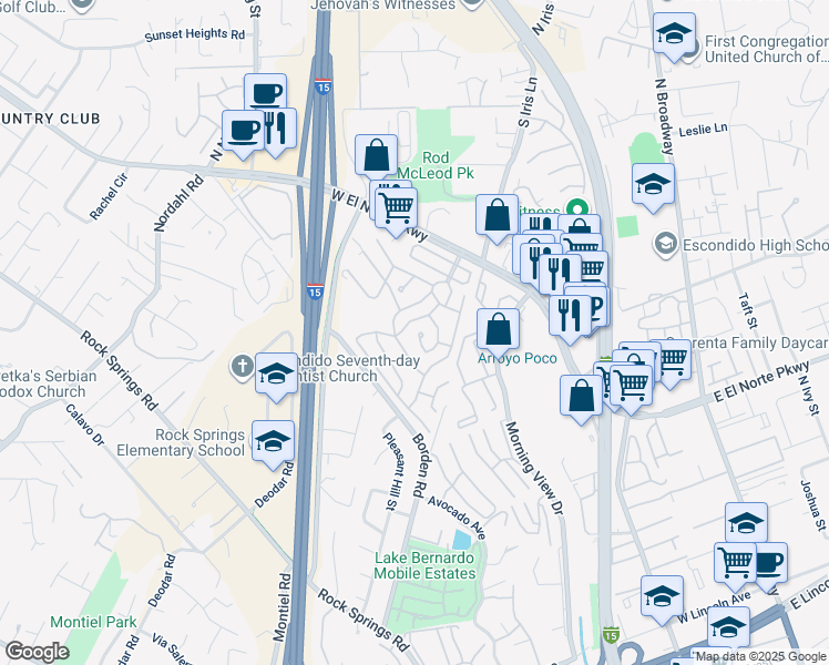 map of restaurants, bars, coffee shops, grocery stores, and more near 525 West El Norte Parkway in Escondido