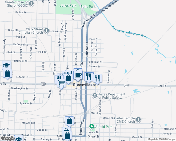map of restaurants, bars, coffee shops, grocery stores, and more near 2104 Johnson Street in Greenville