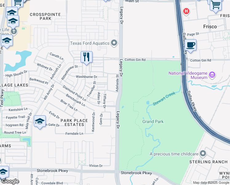 map of restaurants, bars, coffee shops, grocery stores, and more near 4545 Mission Avenue in Frisco