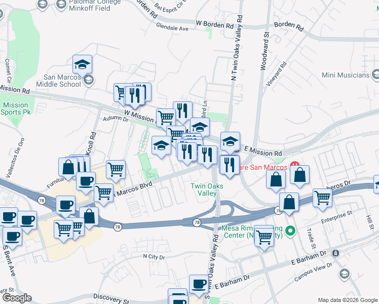 map of restaurants, bars, coffee shops, grocery stores, and more near 244 Pico Avenue in San Marcos