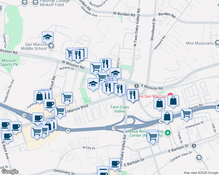 map of restaurants, bars, coffee shops, grocery stores, and more near 244 Pico Avenue in San Marcos