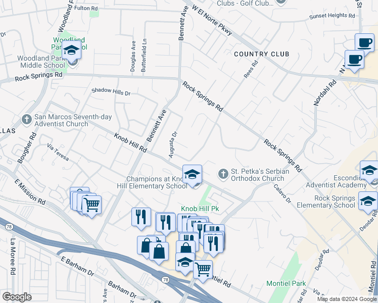 map of restaurants, bars, coffee shops, grocery stores, and more near 1721 Balmoral Court in San Marcos