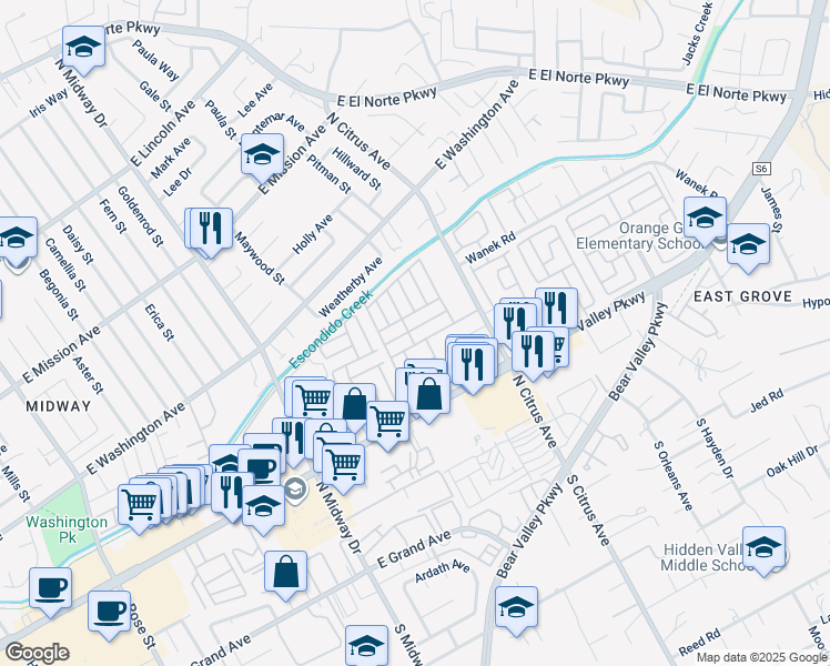 map of restaurants, bars, coffee shops, grocery stores, and more near 2300 East Valley Parkway in Escondido