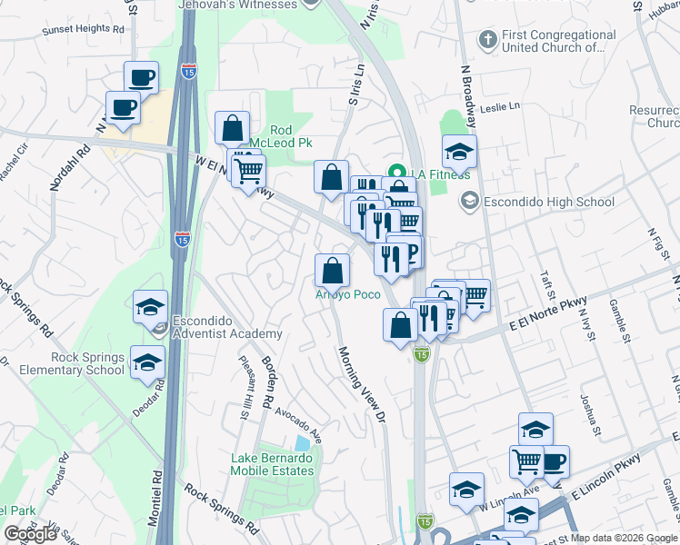 map of restaurants, bars, coffee shops, grocery stores, and more near 239 Morning View Drive in Escondido