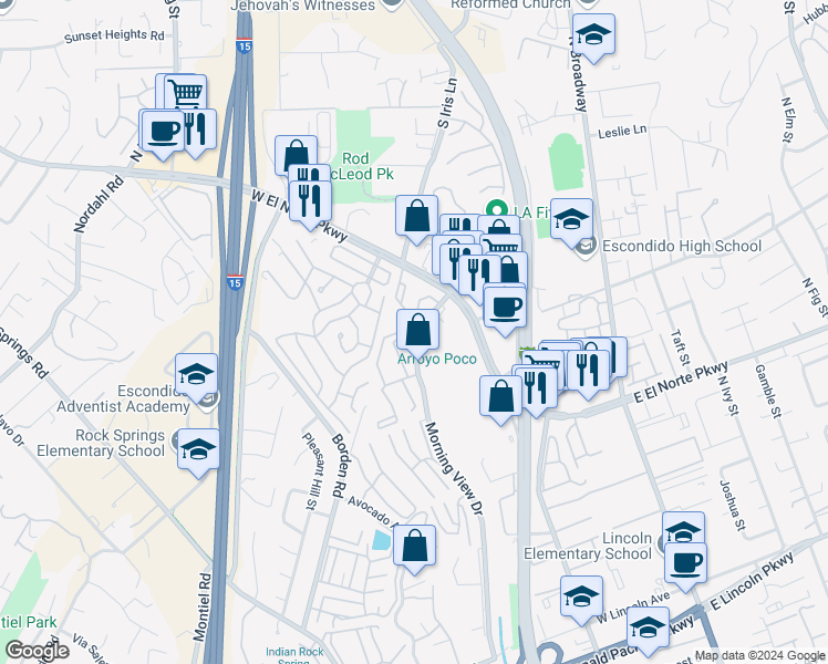 map of restaurants, bars, coffee shops, grocery stores, and more near 239 Morning View Drive in Escondido