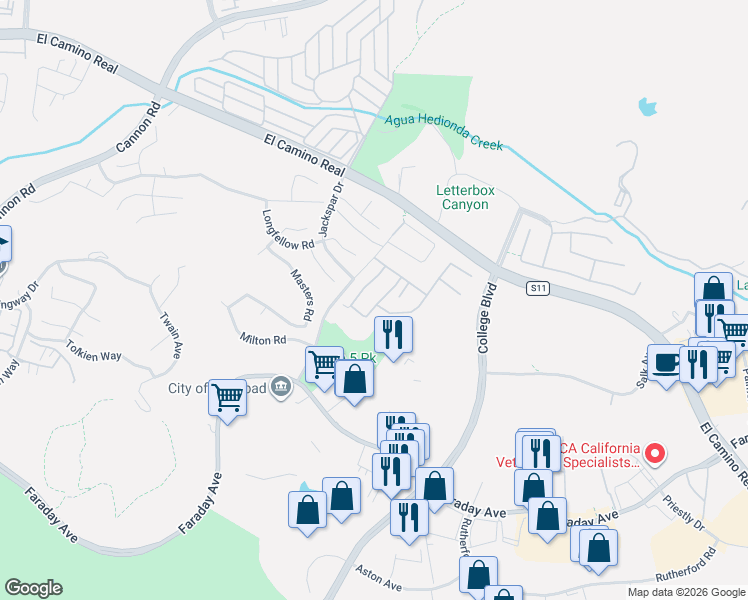 map of restaurants, bars, coffee shops, grocery stores, and more near 2292 Lindsay Drive in Carlsbad