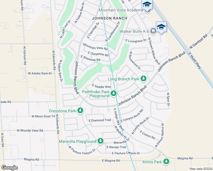 map of restaurants, bars, coffee shops, grocery stores, and more near 422 East Saddle Way in San Tan Valley