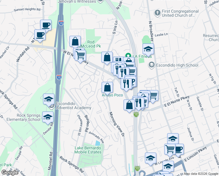 map of restaurants, bars, coffee shops, grocery stores, and more near 239 Morning View Drive in Escondido
