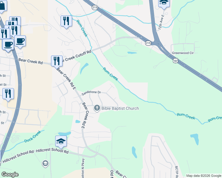 map of restaurants, bars, coffee shops, grocery stores, and more near 7001-7029 Sandy Ridge Circle in Tuscaloosa