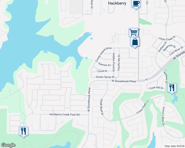 map of restaurants, bars, coffee shops, grocery stores, and more near 5024 Coney Island Drive in Frisco