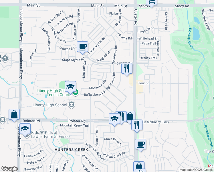 map of restaurants, bars, coffee shops, grocery stores, and more near 8021 Monks Cap Street in Frisco