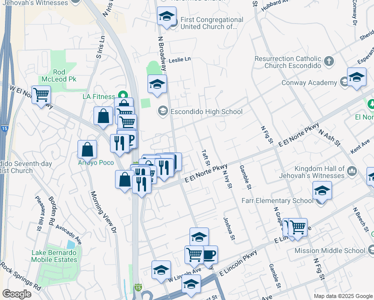 map of restaurants, bars, coffee shops, grocery stores, and more near 1404 North Broadway in Escondido