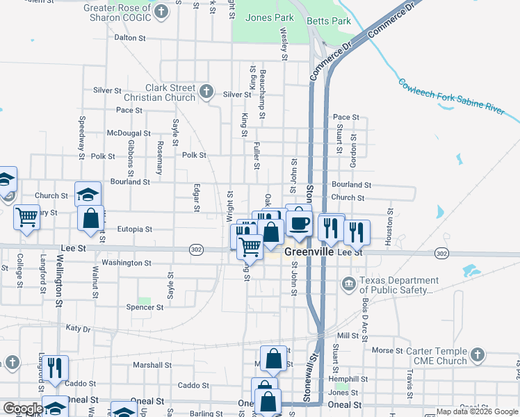 map of restaurants, bars, coffee shops, grocery stores, and more near 2019 Oak Street in Greenville