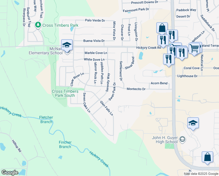 map of restaurants, bars, coffee shops, grocery stores, and more near 8301 Serenity Way in Denton