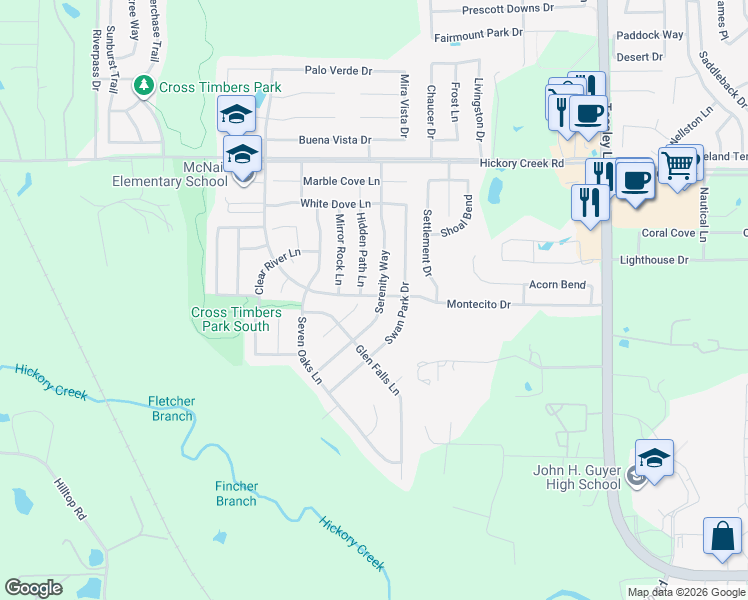 map of restaurants, bars, coffee shops, grocery stores, and more near 8300 Serenity Way in Denton