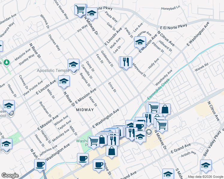 map of restaurants, bars, coffee shops, grocery stores, and more near 719 Erica Street in Escondido