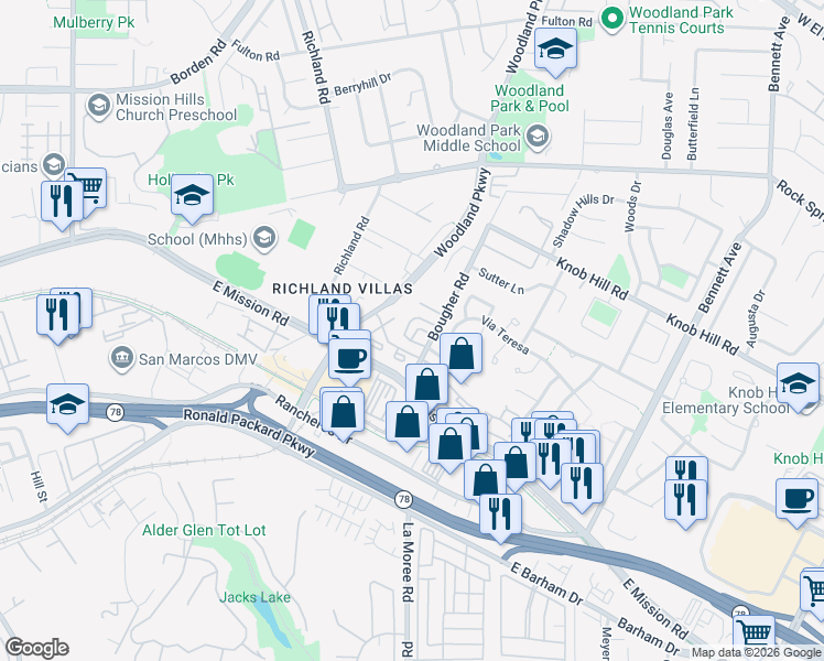 map of restaurants, bars, coffee shops, grocery stores, and more near 266 Candera Lane in San Marcos