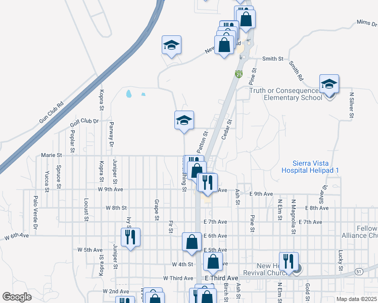 map of restaurants, bars, coffee shops, grocery stores, and more near 1203 North Pershing Street in Truth or Consequences