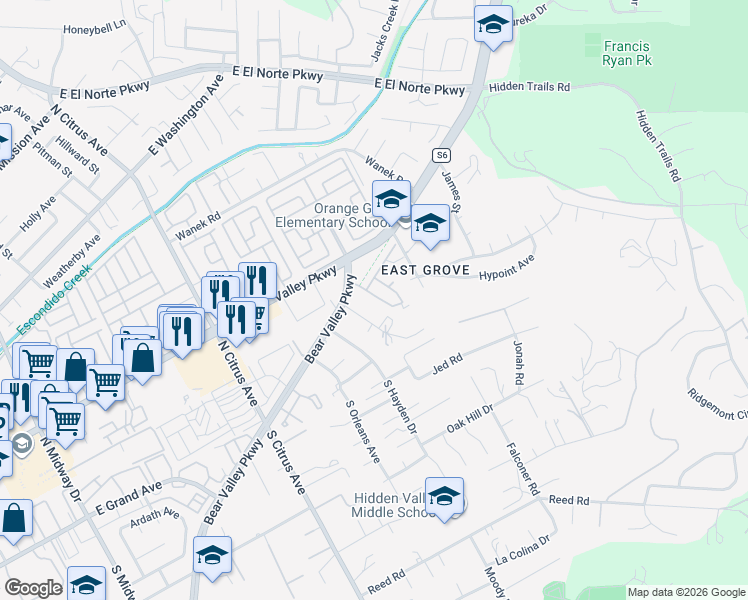 map of restaurants, bars, coffee shops, grocery stores, and more near 226 Belfast Glen in Escondido