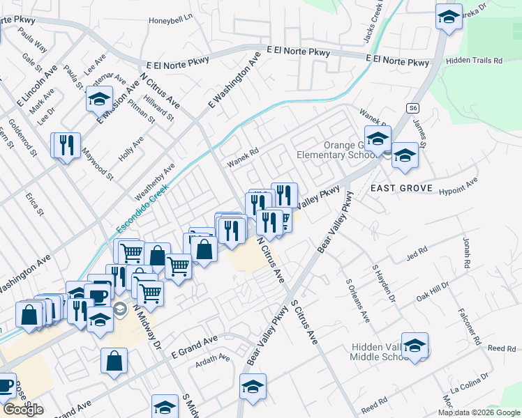 map of restaurants, bars, coffee shops, grocery stores, and more near 420 Hanford Glen in Escondido