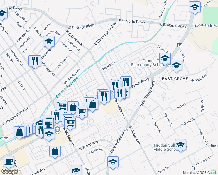 map of restaurants, bars, coffee shops, grocery stores, and more near 437 Nantucket Glen in Escondido