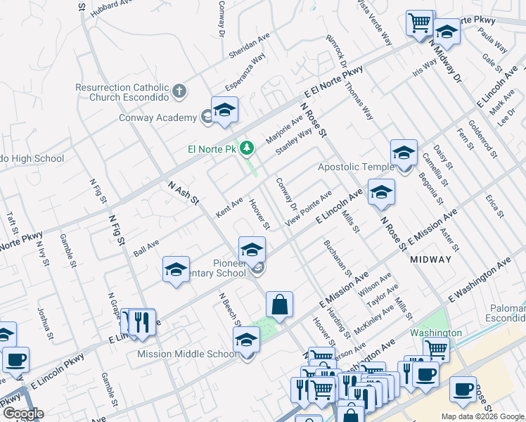 map of restaurants, bars, coffee shops, grocery stores, and more near 1119 Harding Street in Escondido