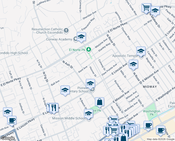 map of restaurants, bars, coffee shops, grocery stores, and more near 1243 Kent Avenue in Escondido