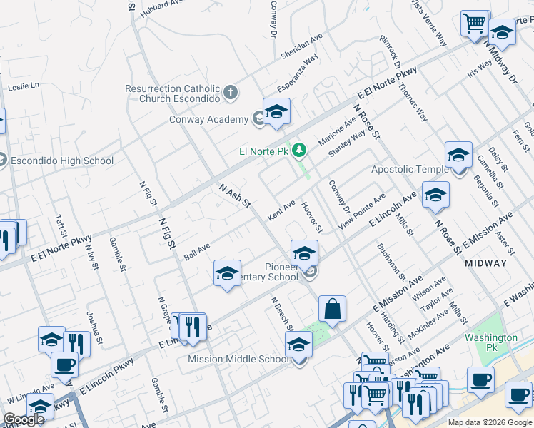 map of restaurants, bars, coffee shops, grocery stores, and more near 1107 Sendero Avenue in Escondido