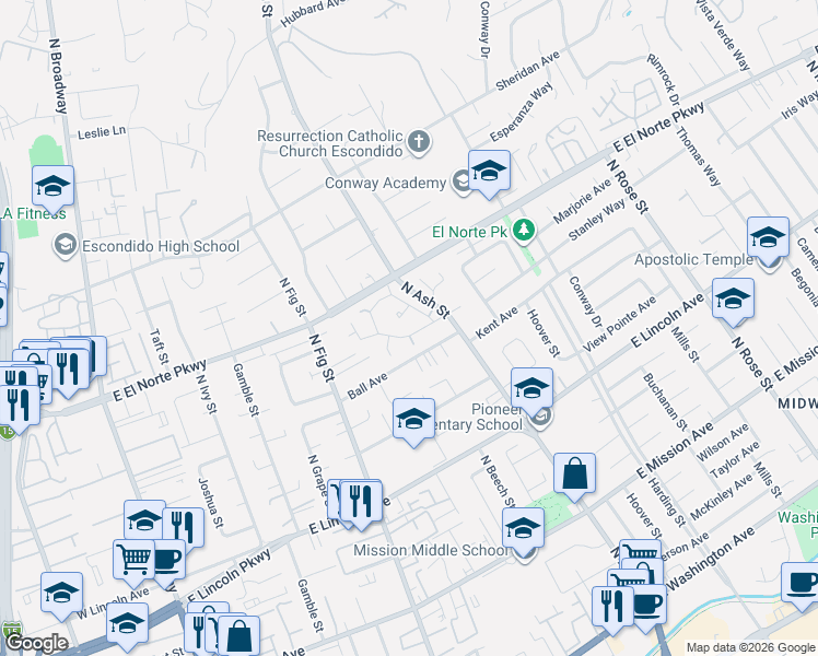 map of restaurants, bars, coffee shops, grocery stores, and more near 940 Waterhouse Glen in Escondido