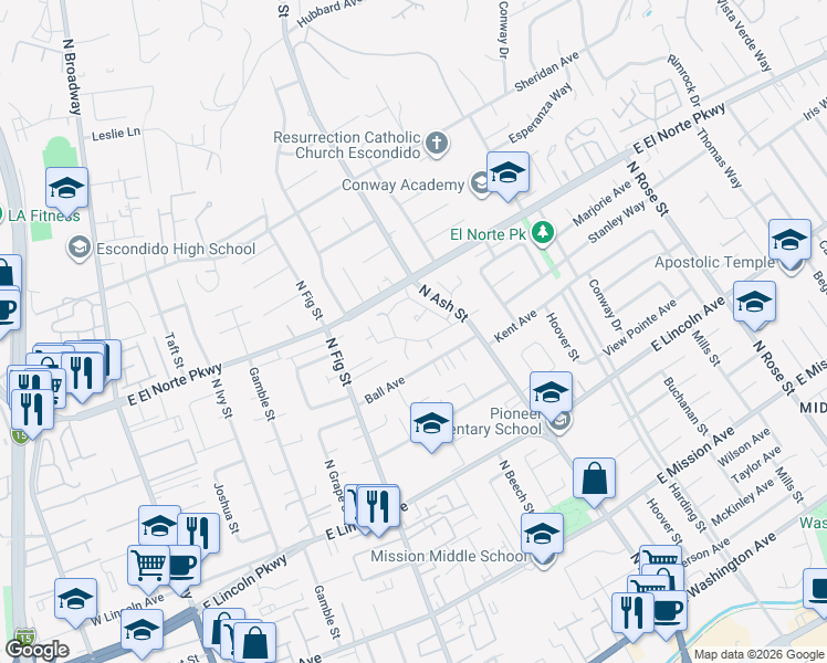 map of restaurants, bars, coffee shops, grocery stores, and more near 940 Waterhouse Glen in Escondido
