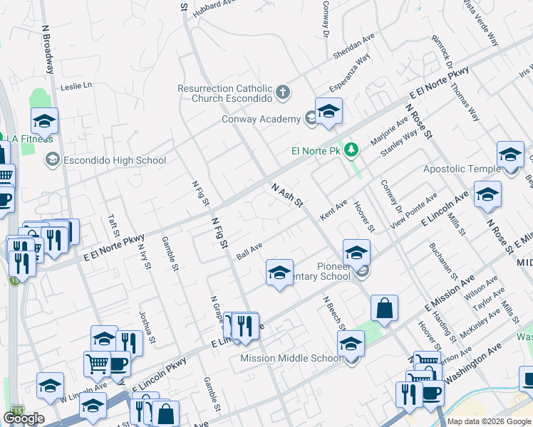 map of restaurants, bars, coffee shops, grocery stores, and more near 900 Waterhouse Glen in Escondido