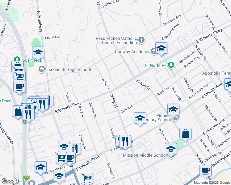map of restaurants, bars, coffee shops, grocery stores, and more near 718 East El Norte Parkway in Escondido