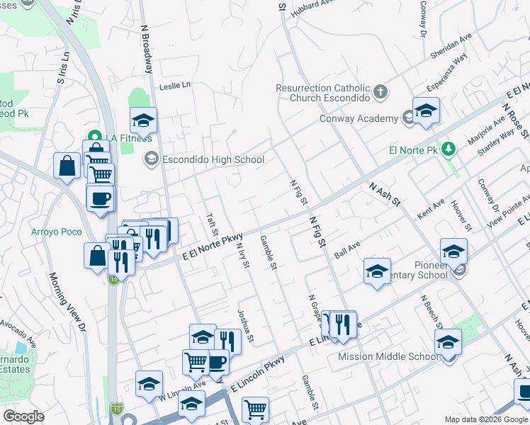 map of restaurants, bars, coffee shops, grocery stores, and more near 475 Dale Avenue in Escondido