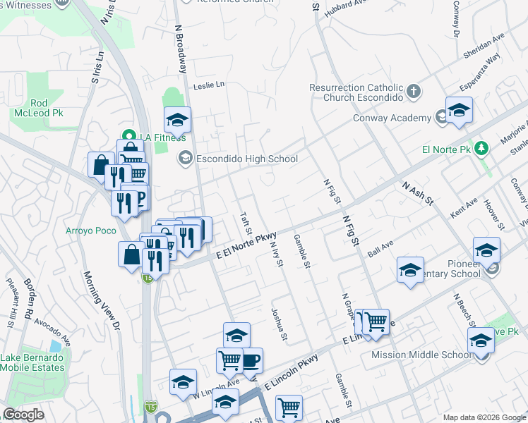 map of restaurants, bars, coffee shops, grocery stores, and more near 441 Terrace Avenue in Escondido