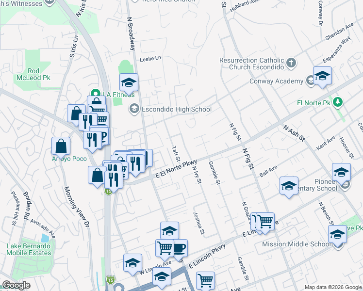 map of restaurants, bars, coffee shops, grocery stores, and more near 1365 North Ivy Street in Escondido