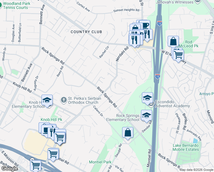 map of restaurants, bars, coffee shops, grocery stores, and more near 1140 Highland Heights Lane in Escondido