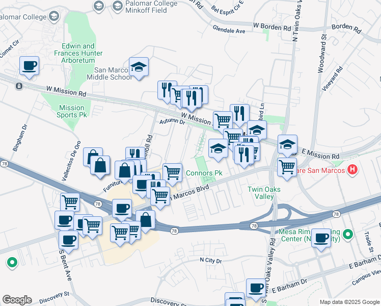 map of restaurants, bars, coffee shops, grocery stores, and more near 405 Autumn Drive in San Marcos